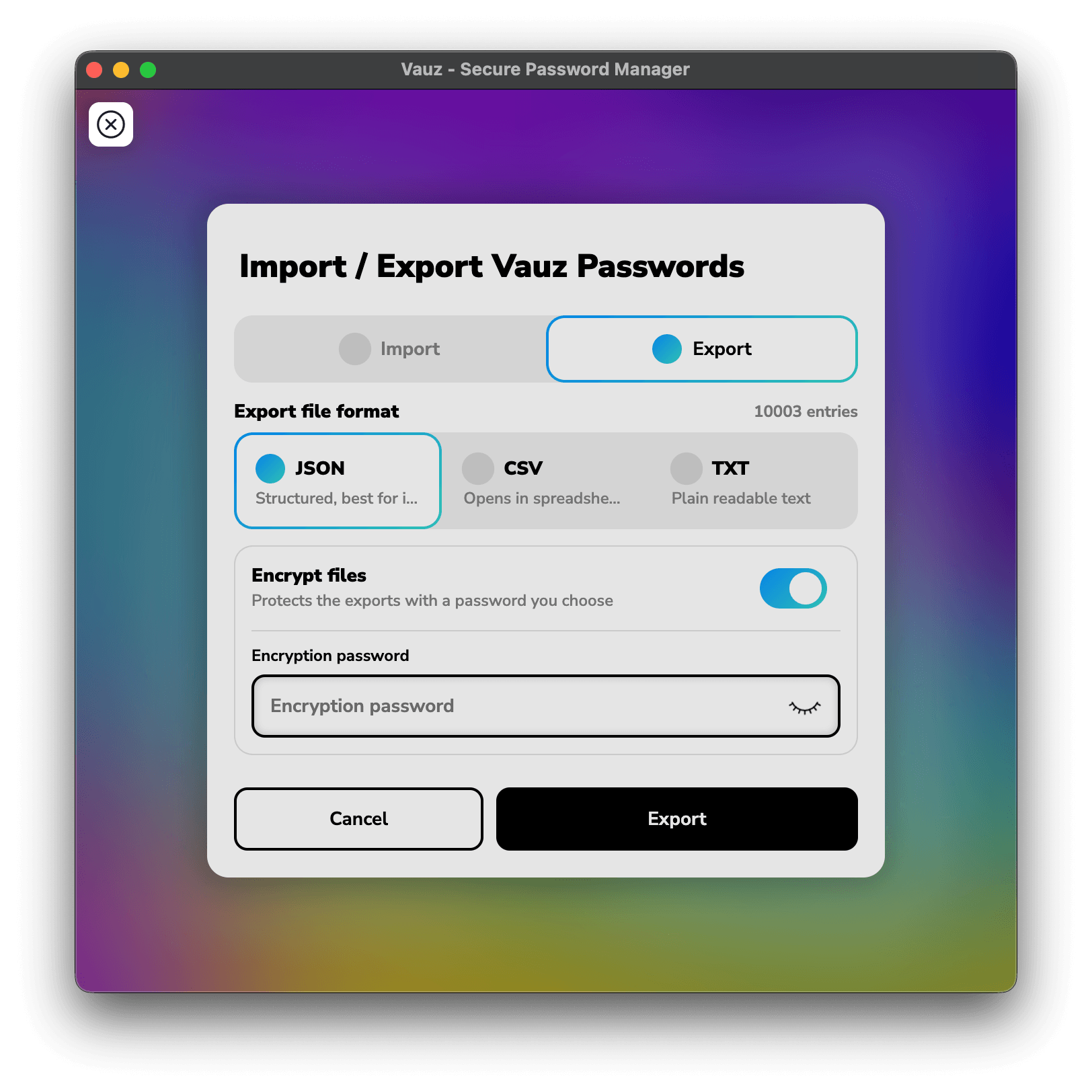 The export dialog, with encryption switched on