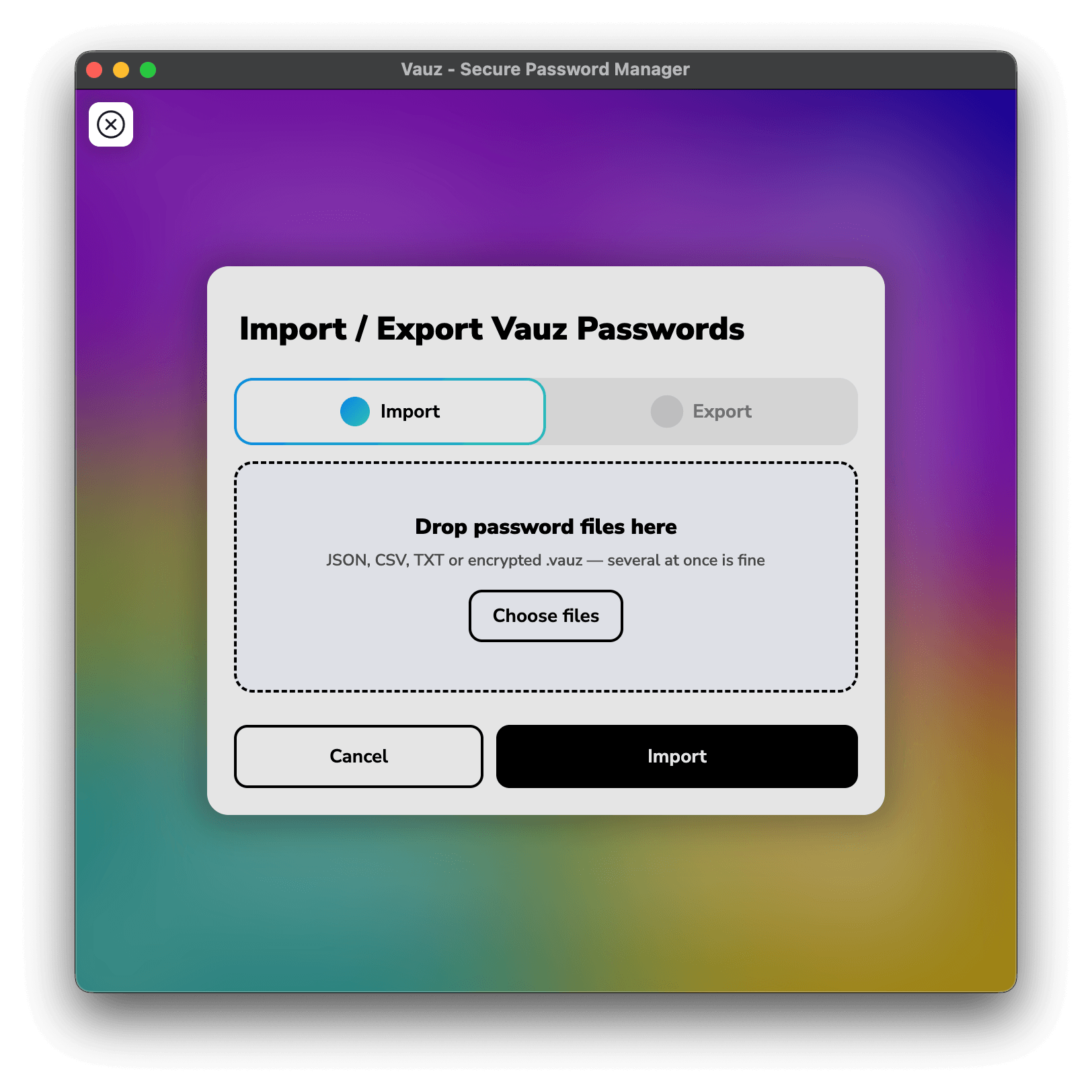 The import popup open