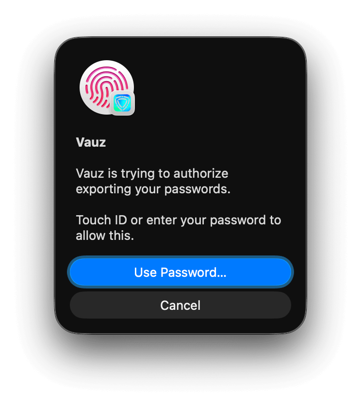 Touch ID prompt authorising an export
